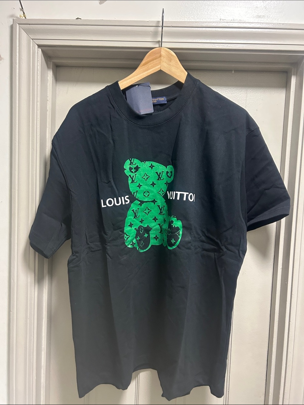 Louis Vuitton Black Tee with Green Monogram Teddy